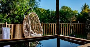 A wicker hanging chair with a cushion is on a wooden deck beside a fenced yard with trees and plants; water is visible in the foreground.