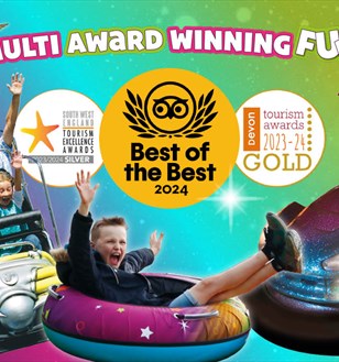 Awards and attractions at The Milky Way Adventure Park, including Tripadvisor Best of the Best 2024 and Devon Tourism Gold 2023-24
