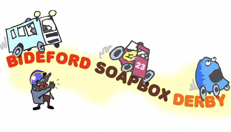 Cartoon illustration of colourful soapbox cars racing down a yellow path, with a cheering figure. Text reads "Bideford Soapbox Derby," conveying excit