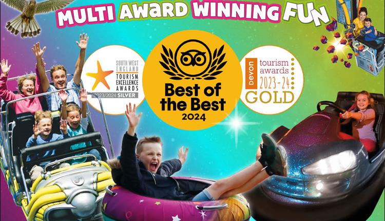 Awards and attractions at The Milky Way Adventure Park, including Tripadvisor Best of the Best 2024 and Devon Tourism Gold 2023-24