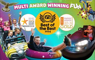 Awards and attractions at The Milky Way Adventure Park, including Tripadvisor Best of the Best 2024 and Devon Tourism Gold 2023-24