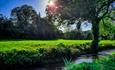 Scenic views of the countryside with blue skies and a running stream.
