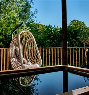 A wicker hanging chair with a cushion is on a wooden deck beside a fenced yard with trees and plants; water is visible in the foreground.